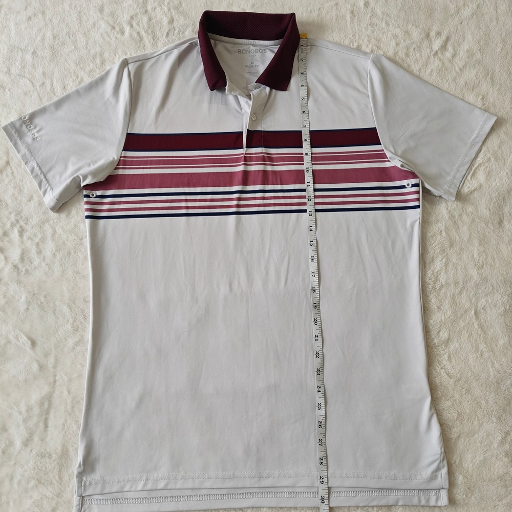 BONOBOS GOLF Men Slim Fit Polo White Shirt Burgundy Stripe Short Sleeve Medium - Picture 4 of 7